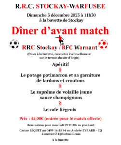 A N N U L É ! ! ! Dîner d'avant match le 3 décembre contre RFC Warnant @ Stade RRC Stockay Warfusée | Saint-Georges-sur-Meuse | Région Wallonne | Belgique