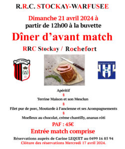 21 avril Dîner d'avant match contre Rochefort (2e) @ Stade de Stockay Warfusée | Saint-Georges-sur-Meuse | Région Wallonne | Belgique